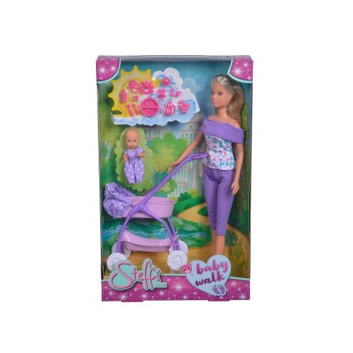 Papusa Steffi in pantaloni mov cu carucior si bebelus, Steffi Love