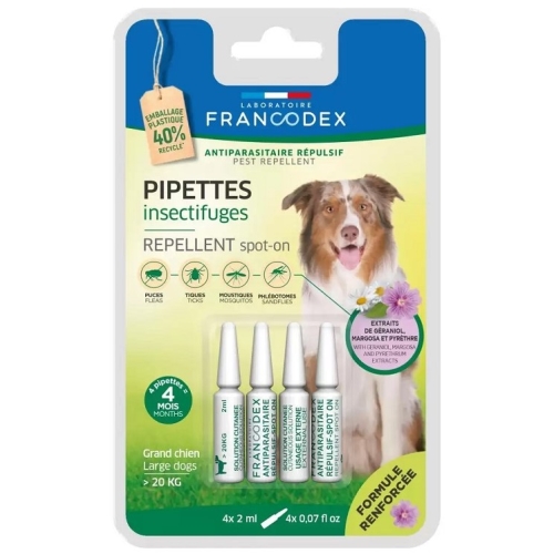 Pipete repelente antiparazitare cu geraniol pentru caini peste 20 kg, 4 x 2 ml, Francodex