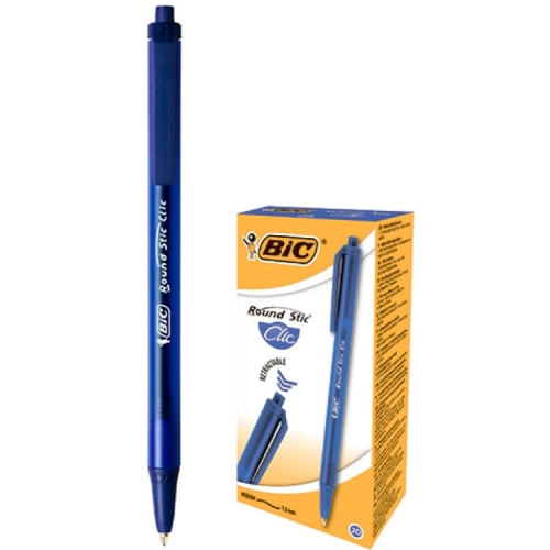 Pix cu bila Bic Roundstic Clic, 1.0mm, cu mecanism, corp semitransparent in culoarea scrisului, albastru