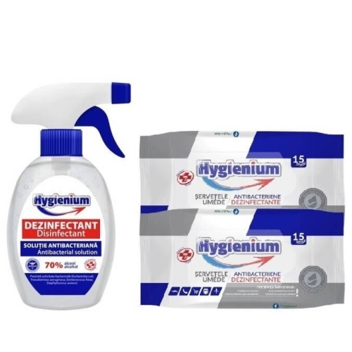 Pachet Hygienium: Solutie Biocid antibacteriana spray 250 ml + Servetele umede antibacteriene/dezinfectante 2x15 bucpe grupdzc.ro✅. Descopera gama copleta de produse la oferte speciale✅!