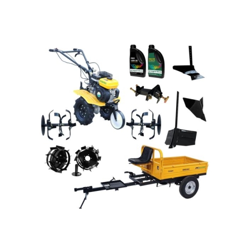 ProGARDEN Pachet Campo 703 Motocultor 7CP + Remorca RM500C + Plug simplu + 2xPlug bilonat/rarita + Adaptor + 2 Roti metalice 350x6 + 2L Ulei