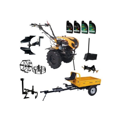 ProGARDEN Pachet Campo 1844 Motocultor 18CP + Remorca RM500C + Plug bilonat + Plug reversibil + Prasitoare + Adaptor + 2 Roti metalice 540x170 + 4L Ulei