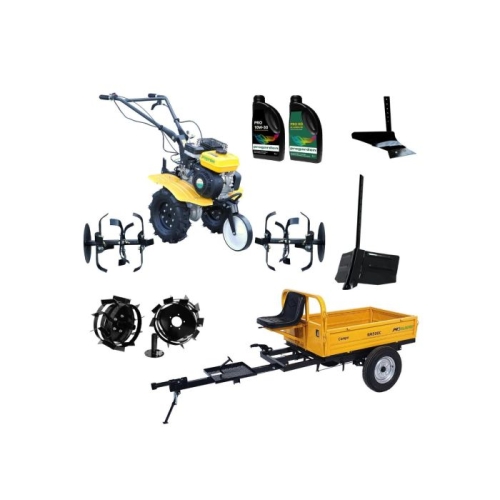 ProGARDEN Pachet Campo 703 Motocultor 7CP + Remorca RM500C + Plug simplu + Plug bilonat/rarita + 2 Roti metalice 350x6 + 2L Ulei