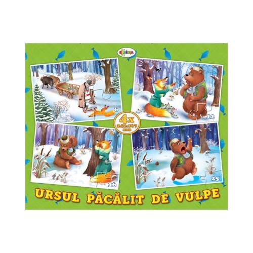 Puzzle Ursul pacalit de vulpe. 4 imagini, editura Dorinta. Puzzle pentru copii.