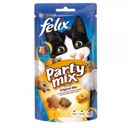Recompense-pentru-pisici,-Mix-cu-Pui,-Ficat,-Curcan,-60-g,-Purina-Felix-Party-Mix-Original 