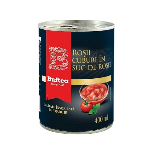 Rosii decojite cuburi in suc de rosii, 400 ml, Buftea