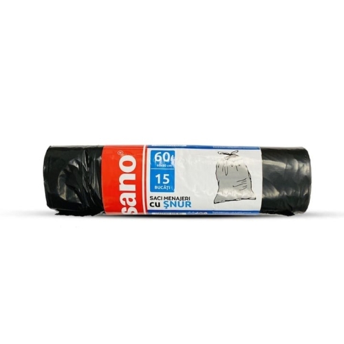 Saci menajeri cu snur negri, Sano, 60 L, 15 buc, 60x80 cm