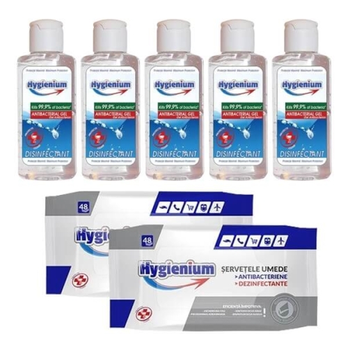 Pachet Hygienium: 5xGel antibacterian pentru maini 85 ml + 2xServetele umede antibacteriene/dezinfectante 48 bucpe grupdzc.ro✅. Descopera gama copleta de produse la oferte speciale✅!