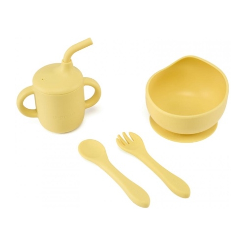 Set 4 piese diversificare din silicon: Cana cu pai, bol , lingurita si furculita, galben, U-Grow