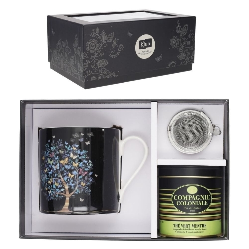Set ceasca + farfurie + ceai + infuzor Arbre Papillons, Kiub