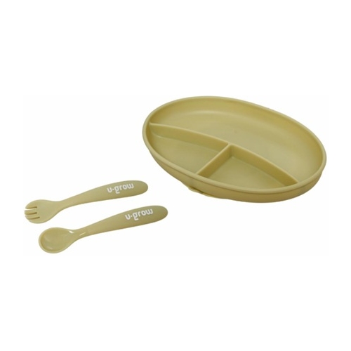 Set farfurie cu lingurita si furculita silicon, olive,U-Grow