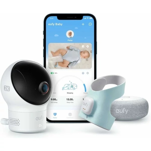 Set monitorizare bebe eufy Smart Sock Baby Monitor S340, Camera 2K, 2.4 GHz Wi-Fi, Pan & Tilt, urmarire ritm cardiac si niveluri de oxigen din sange, detectie AI Cry, Alb