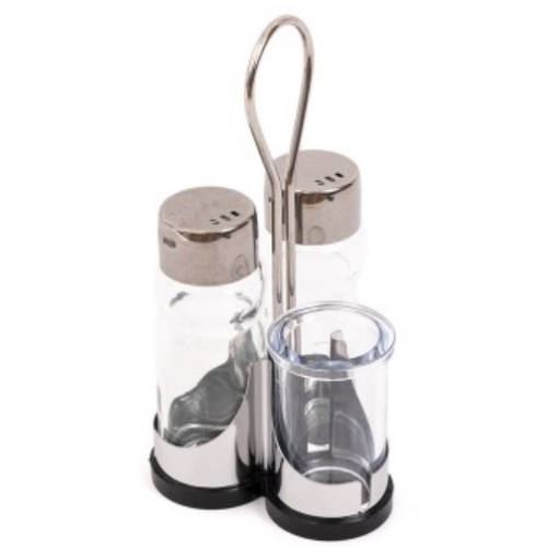 Set sare/piper/scobitori, inox si sticla