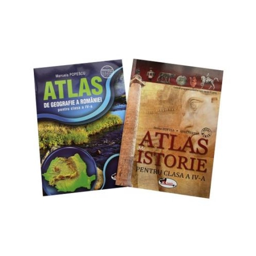 Set 2 atlase scolare pentru clasa a IV-a. Atlas de Geografie a Romaniei, Atlas de Istorie - Manuela Popescu, editura Aramis