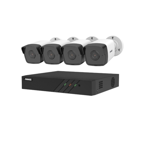 Sistem performant de supraveghere video ANNKE N98BPL+I51DL*4, PoE, NVR 8 canale, 4 camere tip Bullet interior/exterior 5MP, Ultra HD/2k+, vedere nocturna IR, audio, rezistent la intemperii