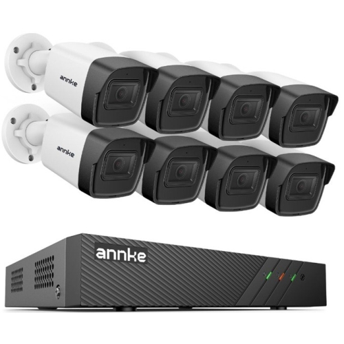 Sistem performant de supraveghere video ANNKE N98PBL+I51DL*8, PoE, NVR 8 canale, 8 camere tip Bullet interior/exterior 5MP, Ultra HD/2k+, vedere nocturna IR, audio, rezistent la intemperii