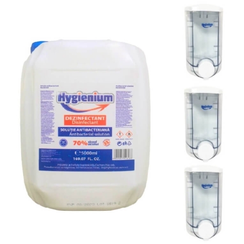 Hygienium Dispenser manual, 1L x 3 buc + Hygienium Dezinfectant solutie antibacteriana 70% alcool, 5 L x 1bucpe grupdzc.ro✅. Descopera gama copleta de produse la oferte speciale✅!