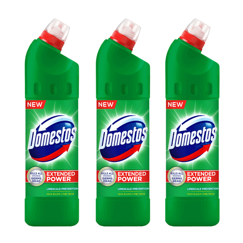Pachet Dezinfectantul cu inalbitor Domestos anticalcar Pine, 750ml x 3buc. Produs pentru curatarea si igienizarea rufelor
