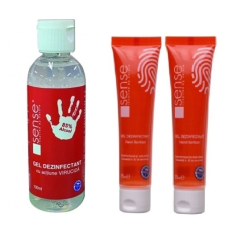 Pachet Sense Virucid Gel Dezinfectant maini 85 % alcool, 100 ml si 2 x 35 ml