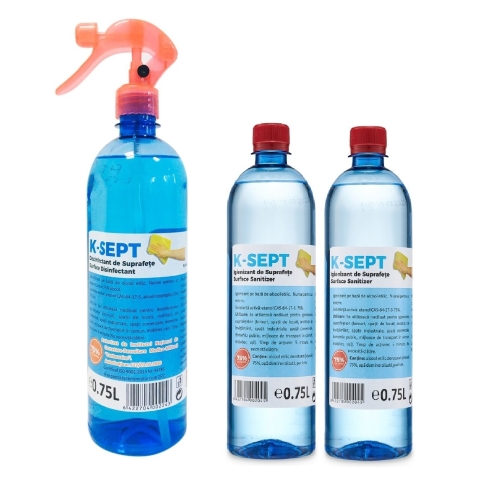 Pachet K-SEPT Virucid Dezinfectant suprafete pe baza de alcool 75%, cu pulverizator, 750 ml + Dezinfectant suprafete rezerva