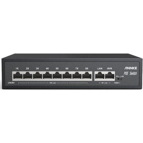 Switch performant ANNKE SW014, PoE, 8 porturi 10/100 Mbps + 2 porturi Uplink, suport VLAN si transmisie 250m, montaj birou/perete