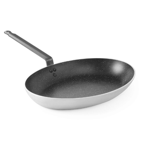 Tigaie pentru prajit peste ovala, 28 cm diametru x 40 cm diametru x 5,5 cm inaltime, Marble Profesional, 3 straturi anti-aderente tip marmura, maner otel, Hendi, potrivita pentru toate sursele de caldura