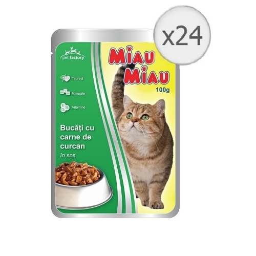 Pachet Miau Miau Mancare umeda pisici cu carne de curcan in sos, 100 g x 24 buc