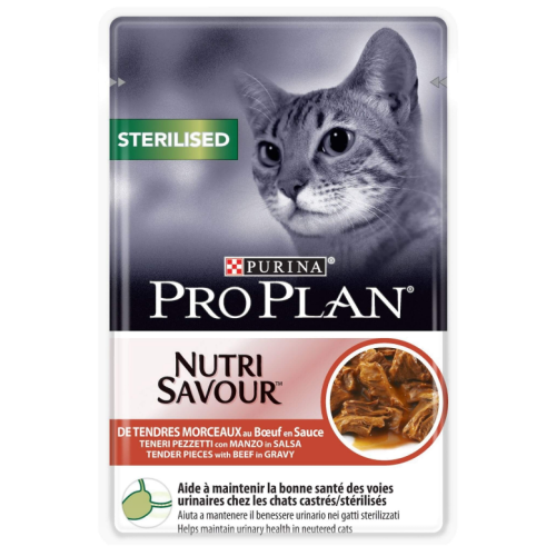 Hrana umeda pisici sterilizate, bucati fragede cu vita in sos 85g, Purina Pro Plan- Nutri Savour