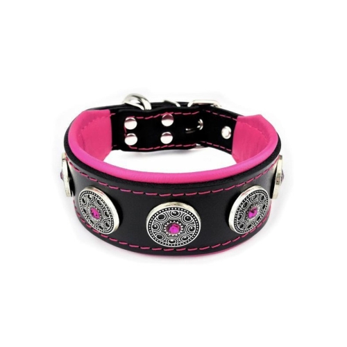 Bestia Zgarda Bijou, Piele Naturala, S: 35-42.5 cm, Negru/Roz, pentru Pug, Bulldog, Retriever, etc