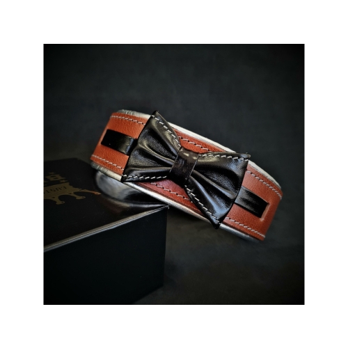 Bestia Zgarda Bowtie-Papion, Piele Naturala, M, Maro/Negru
