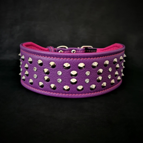 Bestia Zgarda Crystal, Piele Naturala, L, Violet/Roz