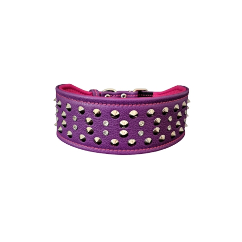 Bestia Zgarda Crystal, Piele Naturala, XL, Violet/Roz