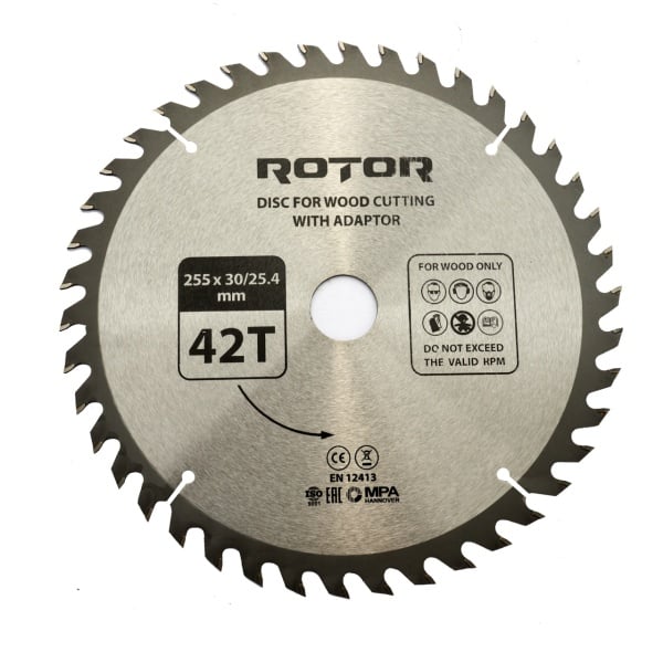 Disc taiat lemn ROTOR 255*30/25,4 cu adaptor 42T