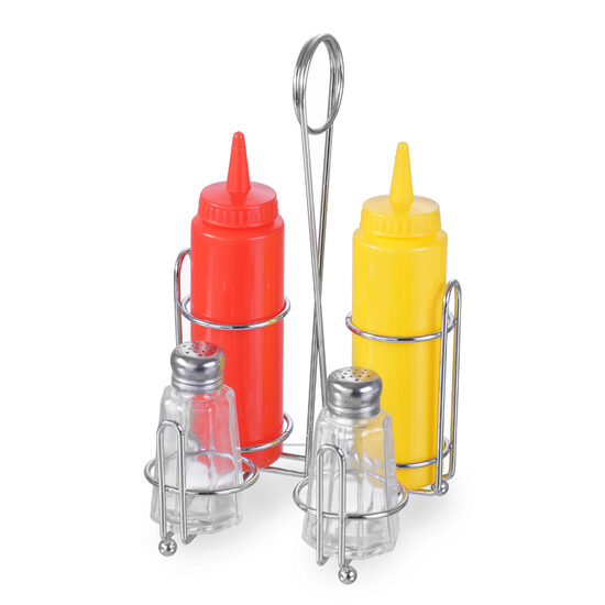 Set condimente cu suport servire, 4 piese: sare piper, ketchup, mustar, 148x140x(H)250 mm, 2x200 ml, Hendi