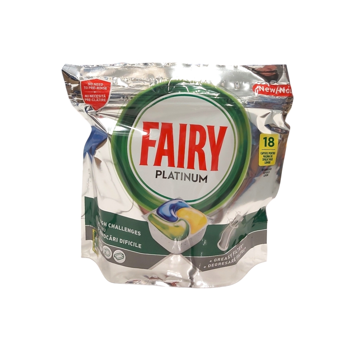FAIRY PLATINUM DETERGENT CAPSULE MASINA VASE LEMON 18BUC
