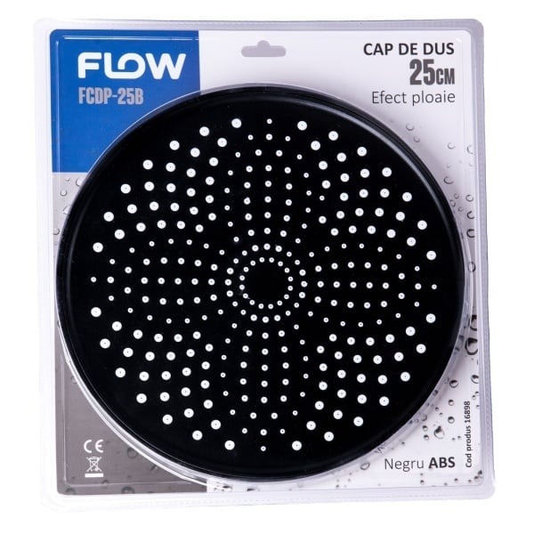 Cap de dus 25 cm tip ploaie, negru ABS, FLOW FCDP-25B