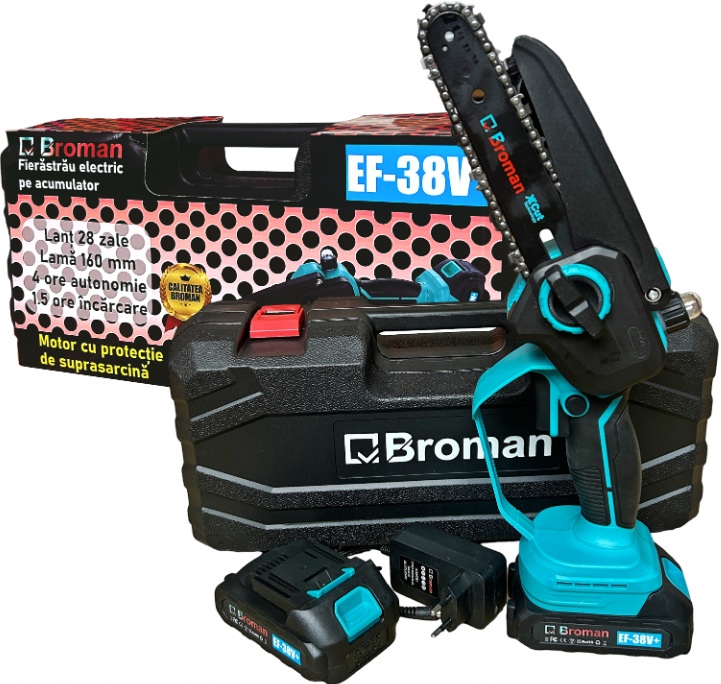 Fierastrau electric Broman EF-38V+, 2 acumulatori, 38 V, sistem ungere lant, lama 16 cm