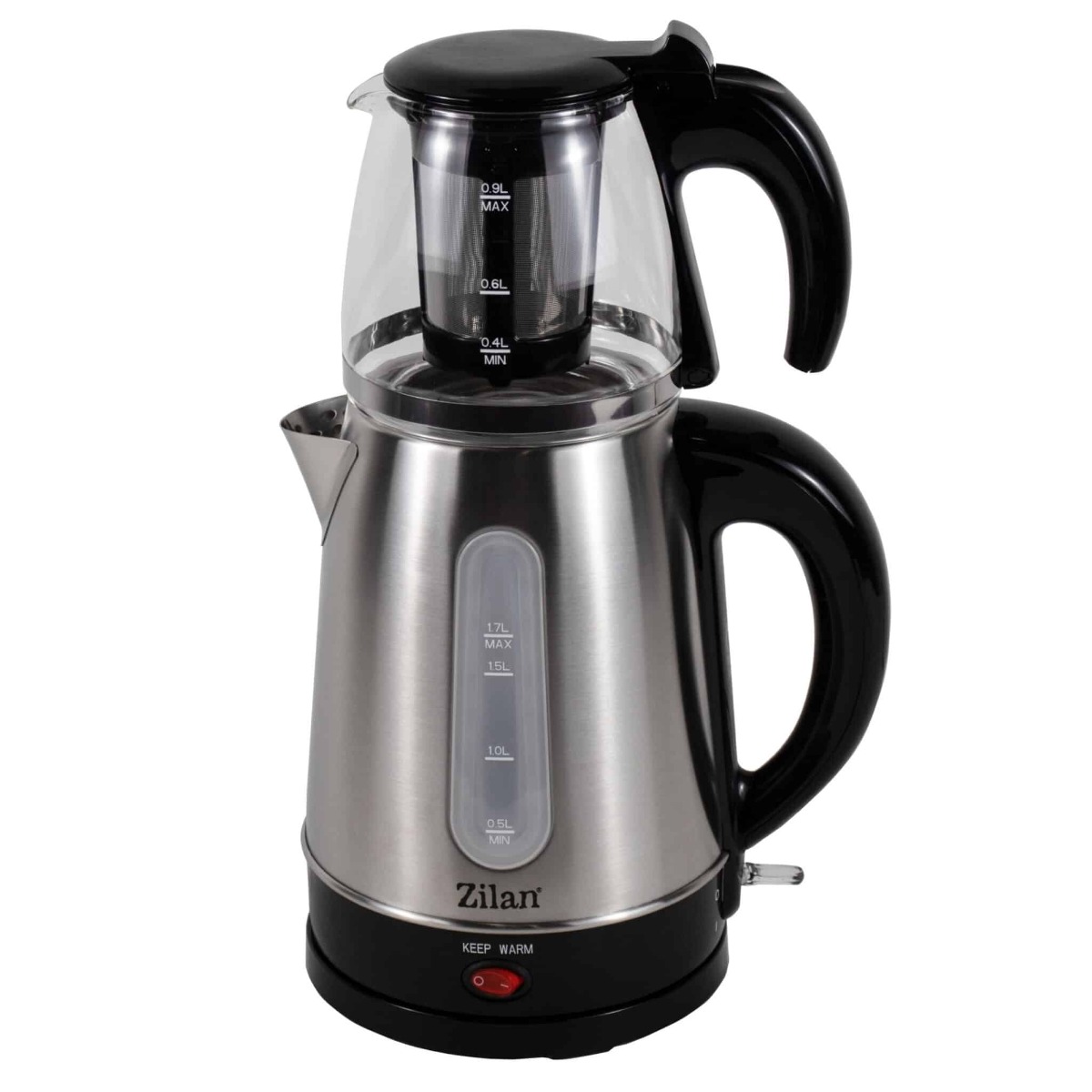 Set cana fierbator electrica capacitate 1.7l+ ceainic 0.9l, putere 2200W, inox-sticla, Zilan