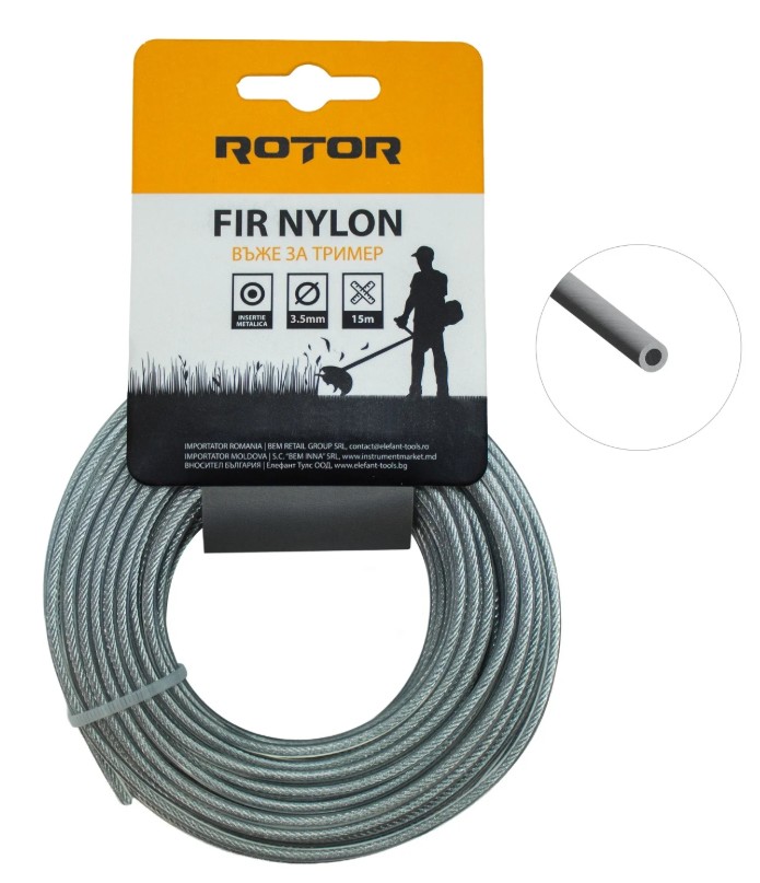 Fir nylon cu insertie otel, profil rotund 3,5 mm x 15 m pentru motocoasa, ROTOR