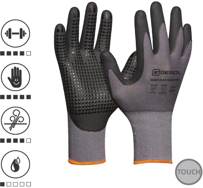 Gebol 709475_09, Set 12 perechi de manusi de protectie Multi Flex Industry, din nylon si elastan, acoperire din spuma de nitril, uz profesional, marimea 9/L