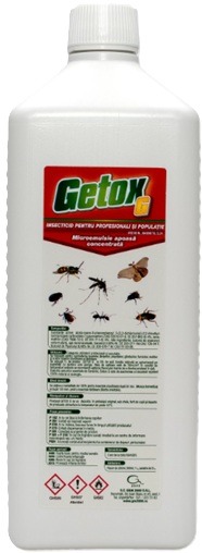 Insecticid concentrat cu efect de soc, eficient in combaterea gandacilor de bucatarie, viespilor si furnicilor,mustelor, puricilor, plosnitelor, moliilor, Getox G, 1 l