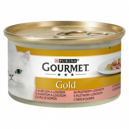 Hrana umeda pentru pisici, Bucati de carne in sos cu Pui si Somon, conserva 85 g, Purina Gourmet Gold