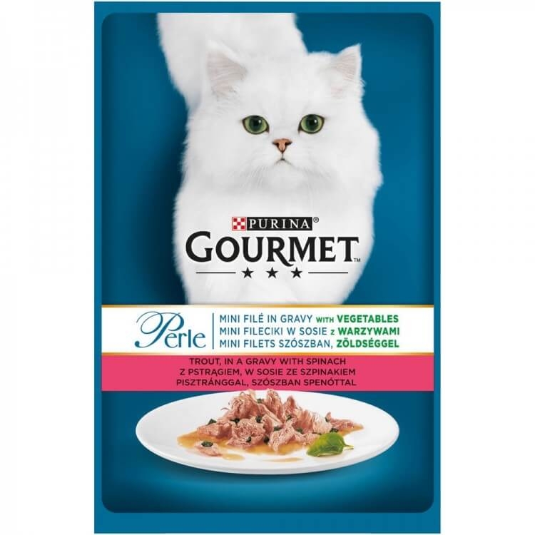 Hrana umeda pentru pisici, Mini-fileuri in sos cu Pastrav si Spanac, plic 85 g, Purina Gourmet Perle
