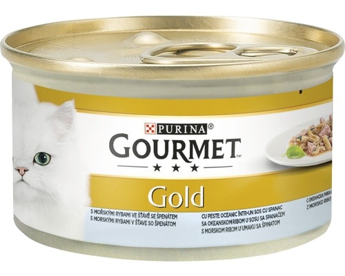 Hrana umeda pentru pisici, Bucati de carne in sos cu Peste Oceanic si Spanac, conserva 85 g, Purina Gourmet Gold