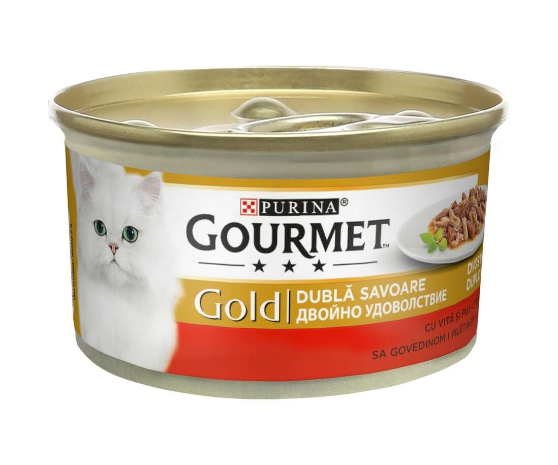 Hrana umeda pentru pisici, Bucati de carne in sos cu Pui si Vita, conserva 85 g, Purina Gourmet Gold