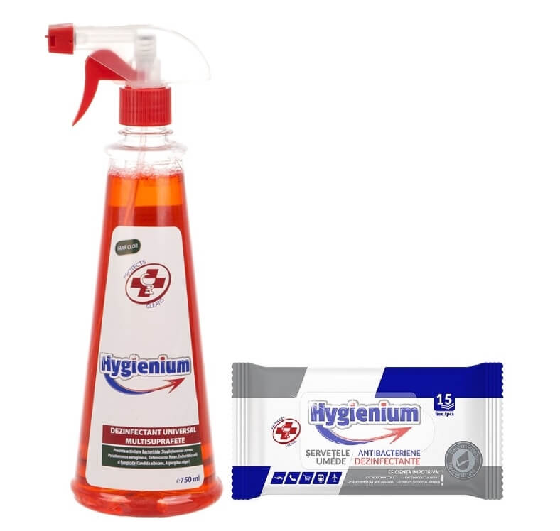 Hygienium Biocid Dezinfectant Universal Suprafete, 750 ml + Servetele Umede dezinfectante 15 buc avizat Ministerul Sanatatii