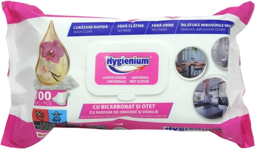 Lavete umede universale cu Bicarbonat si Otet cu parfum de orhidee si vanilie Hygienium, 100 buc