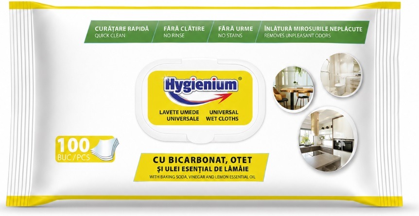 Lavete umede universale cu Bicarbonat si Otet cu ulei esential de lamaie Hygienium, 100 buc