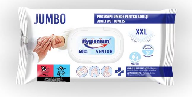Prosoape umede pentru adulti SENIOR, JUMBO XXL 60 buc, densitate 55 gsm, dimensiune servetel 25 x 22 cm, Hygienium