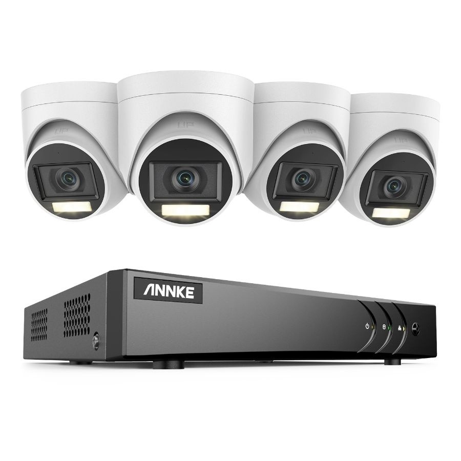 Sistem performant de supraveghere video ANNKE DW81KN+CR1CW*4, DVR 8 canale Hibrid, 4 camere tip Turret interior/exterior 5MP, Ultra HD/2k+, lumina duala IR si alba, vedere nocturna, audio, rezistent la intemperii